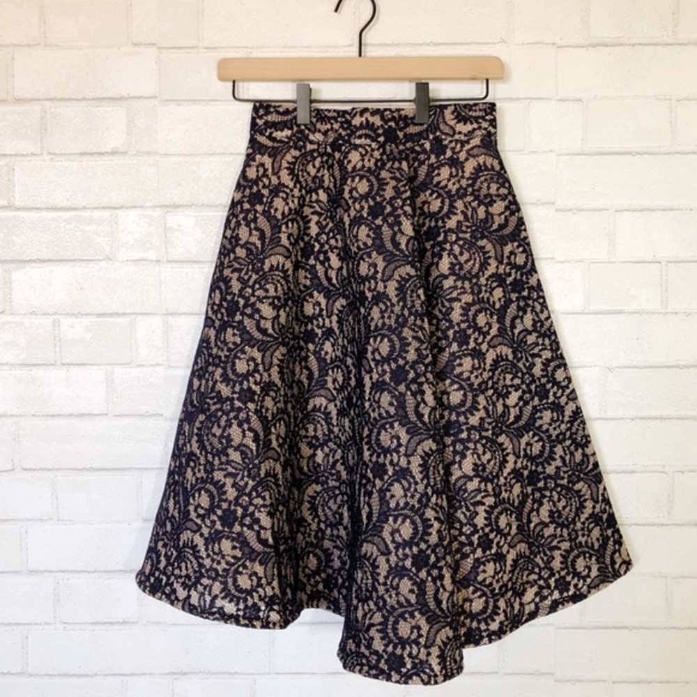 Francesca’s Navy Blue & Tan Lace Print Mesh Full A-Line Long Skirt